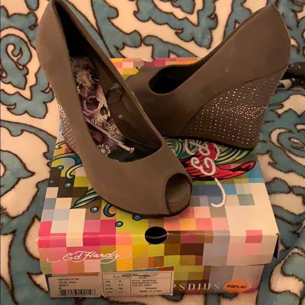 Grey Ed Hardy Veva Wedges, Size 5